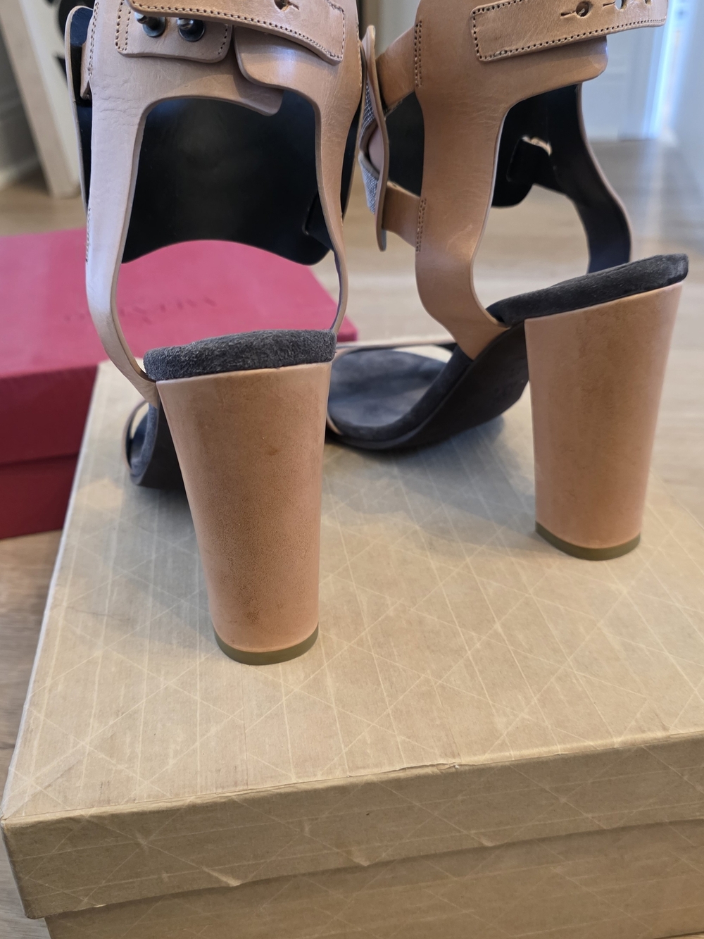 Brunello Cucinelli Blush Leather Block Heel Sandals with Crystal Straps - Picture 3 of 10